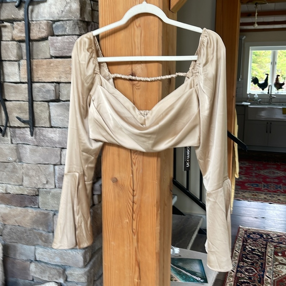 Papermoon, crop top, champagne color with flounce bell sleeves, NWT